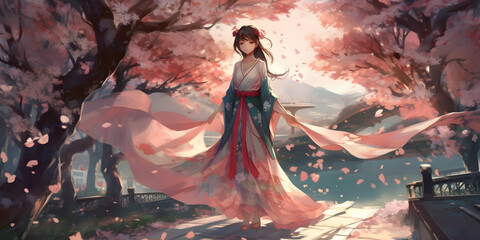 Beautiful anime girl with Focus on her beautiful eyes, full body with beautiful dress, walk among the cherry blossoms, girl in the park, woman in the forest, girl in a dress, Generative AI