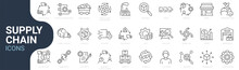 Set Of Line Icons Related To Supply Chain, Value Chain, Logistic, Delivery, Manufacturing, Commerce. Outline Icon Collection. Vector Illustration. Editable Stroke