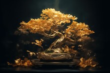 Golden Bonsai Illustration With Gold Leaves For Prosperity Wallpaper. Generative AI