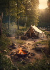 campsite tent in the forest, generative ai