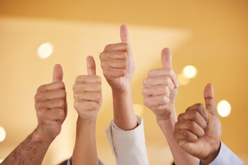 Sticker - Were all rooting for you. Closeup shot of a group of unrecognisable businesspeople showing thumbs up in an office.