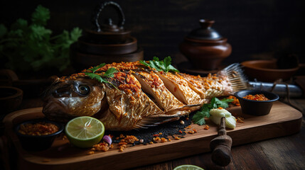 Homemade grilled fish - Asian recipe - healthy seafood concept, generative ai