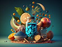 Generative Ai Conceptual Food 3d Illustration, Fresh Fruits And Hydration Drinks. Concept Of Well Balanced Diet, Taking Supplements, Health Benefits Mood. A Jar Of Blueberries, Melon And Orange