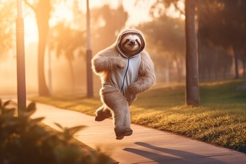 Smiling sloth running in city park at sunrise, healthy lifestyle concept. Generative AI