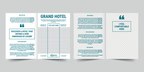 Wall Mural - Hotel bifold brochure template. A clean, modern, and high-quality design bifold brochure vector design. Editable and customize template brochure