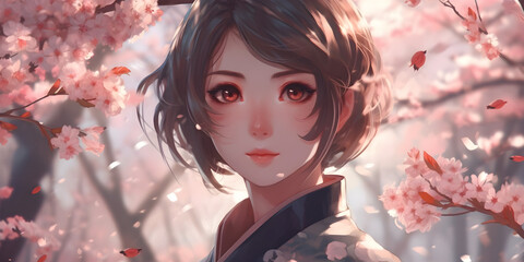 Wall Mural - portrait of a woman in the forest, portrait of a girl, beautiful anime girl with Focus on her beautiful eyes, close-up shot, walk among the cherry blossoms, Generative AI