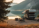 Fototapeta  - Travel trailer camping by the lake in the mountains , generative ai	