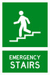 isolated emergency exit, descending walking  down stair, fire safety symbols on  green rectangle board notification sign for pictograms, icon, label, logo or  industry etc. flat style vector design.