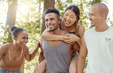 Canvas Print - Why use my legs when I can use my boyfriends. Shot of a diverse group of friends bonding while camping in the woods.