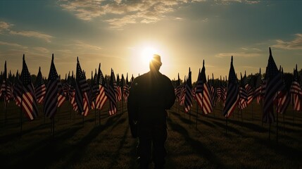 Poster -  Memorial Day tribute with a field of flags and a soldier's silhouette, generative ai