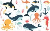 Fototapeta Pokój dzieciecy - whales, killer whale, fish, octopus set, collection in doodle style isolated vector