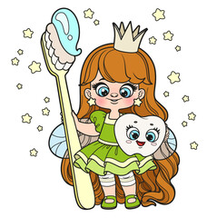 Poster - Cute cartoon long haired girl tooth fairy with big toothbrush color variation for coloring page on white background