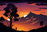 Fototapeta Młodzieżowe - Landscape sunset silhouette background, Mountains, Trees, clouds, colored, red, yellow, orange, black, created with Generative AI Technology