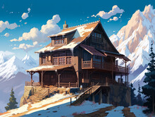 Wooden Chalet In The Alps On A Cold Winter Evening Generative AI