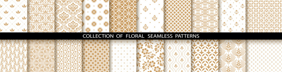 Geometric floral set of seamless patterns. White and gold vector backgrounds. Damask graphic ornaments