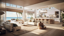 Airy And Spacious Beachfront Villa Interior With An Open Floor Plan. Generative AI