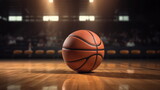 Fototapeta Sport - Basketball on wooden floor with stadium background