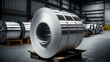 Packed coils of galvanized steel sheet in the warehouse steel plant. Metal rolls in manufacture. AI Generative.