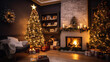 Weihnachts Wohnzimmer mit geschmückter Weihnachtsbaum, Kamin mit Feuer