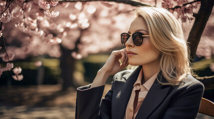 Beautiful business woman in sunglasses sitting on bench in a cherry blossom park. Generative AI