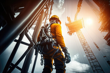 construction engineer worker at heights,architecture sci-fi construction working platform on top of building, suspended cables, fall protection and scaffolding installation