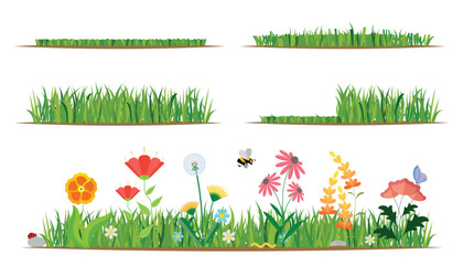 flower and grass flat icon set and illustration. various colorful garden and field flowers and mowed