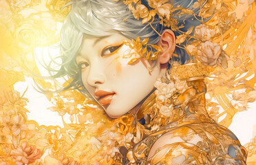 This artwork showcases a smiling woman, delicately surrounded by vibrant yellow flowers and infused with light gold and gold tones. generative AI.