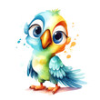 Watercolor cute baby cartoon parrot.Illustration of tropical birds.Isolated illustrations on a white background.Generative AI