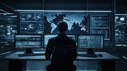 security analyst in front of large computer workspace with multiple monitors generative ai photo