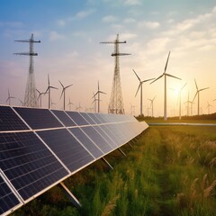 solar energy panel photovoltaic cell and wind turbine farm power generator in nature landscape for p