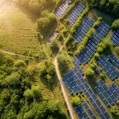 Wall Mural - Aerial image of solar farm panels, an array of polycrystalline silicon solar cells or photovoltaics in a floating solar power plant, alternative renewable energy. generative ai