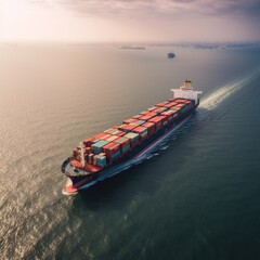 Canvas Print - Logistics and transportation of Container Cargo ship and Cargo plane with working crane bridge in shipyard at sunrise. generative a