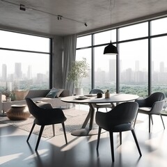 Wall Mural - Front view on bright studio room interior with dining table, sofa, armchairs, carpet, concrete floor, panoramic window with city view. generative ai