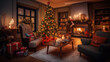 Weihnachtlich geschmücktes Wohnzimmer mit Weihnachtsbaum und Kamin mit Feuer. 