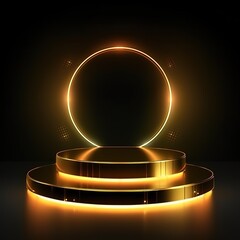 Wall Mural - gold podium for a product presentation. Abstract golden award platform with rays of light emanating from a round frame. generative ai