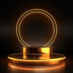 Canvas Print - Gold podium for product presentation. Abstract empty golden award platform with neon glowing round frame and rays. generative ai