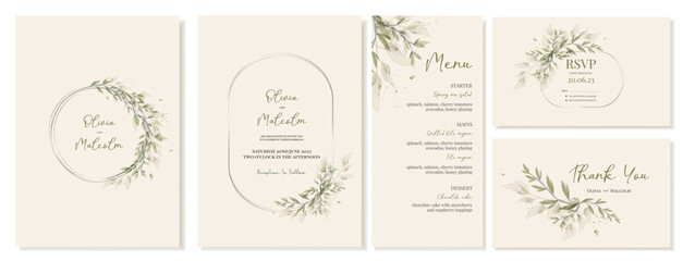 Watercolor style wedding invitations, thank you cards and menu. Rustic wedding inspired by nature. Vector