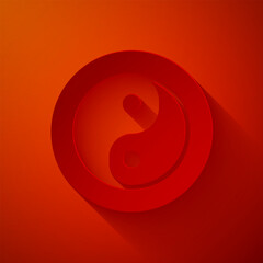 Canvas Print - Paper cut Yin Yang symbol of harmony and balance icon isolated on red background. Paper art style. Vector