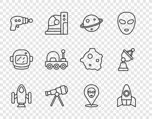 Poster - Set line Rocket ship, Planet Saturn, Telescope, Ray gun, Mars rover, Alien and Satellite dish icon. Vector