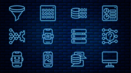 Sticker - Set line Computer monitor, Neural network, Binary code, Artificial intelligence AI, Funnel filter, Server, Data and icon. Vector