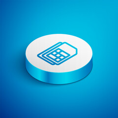 Sticker - Isometric line Sim card icon isolated on blue background. Mobile cellular phone sim card chip. Mobile telecommunications technology symbol. White circle button. Vector