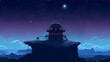 mall hut standing on poles high above a sea of clouds, stars visible in the top, distant planet, pixel art style, cinematic, artistic, creative, landscape with clouds and moon, Generative AI