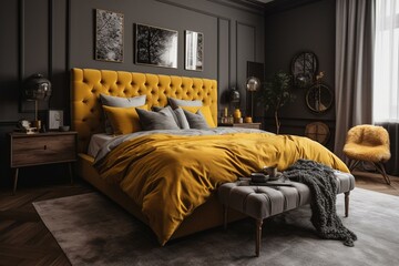 Sumptuous winter primary bedroom with yellow cushions. Generative AI