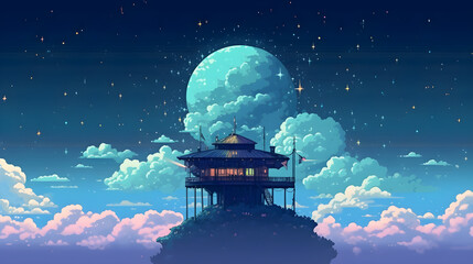 Wall Mural - mall hut standing on poles high above a sea of clouds, stars visible in the top, distant planet, pix