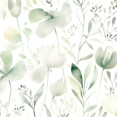 Delicate watercolor botanical digital paper floral background in soft basic pastel green tones. Neutral elegant pattern on white paper.