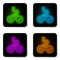 Canvas Print - Glowing neon line Gamepad icon isolated on white background. Game controller. Black square button. Vector