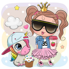 Sticker - Cute Cartoon fairy tale Princess in glasses and Unicorn in a cap