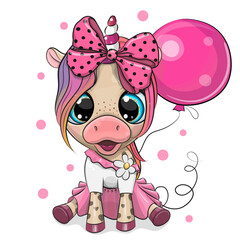 Poster - Cartoon Unicorn in a pink dress with bow and pink balloon