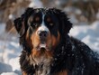 A Bernese mountain dog in the snow.  Beatiful dog. Generative AI