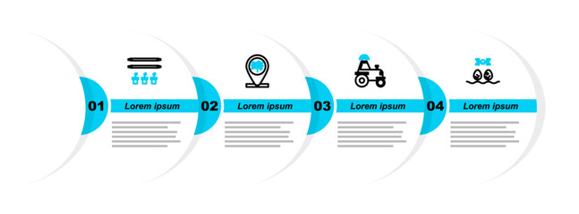 set line smart farm with drone, wireless tractor smart, location and tree and bulb plant icon. vecto